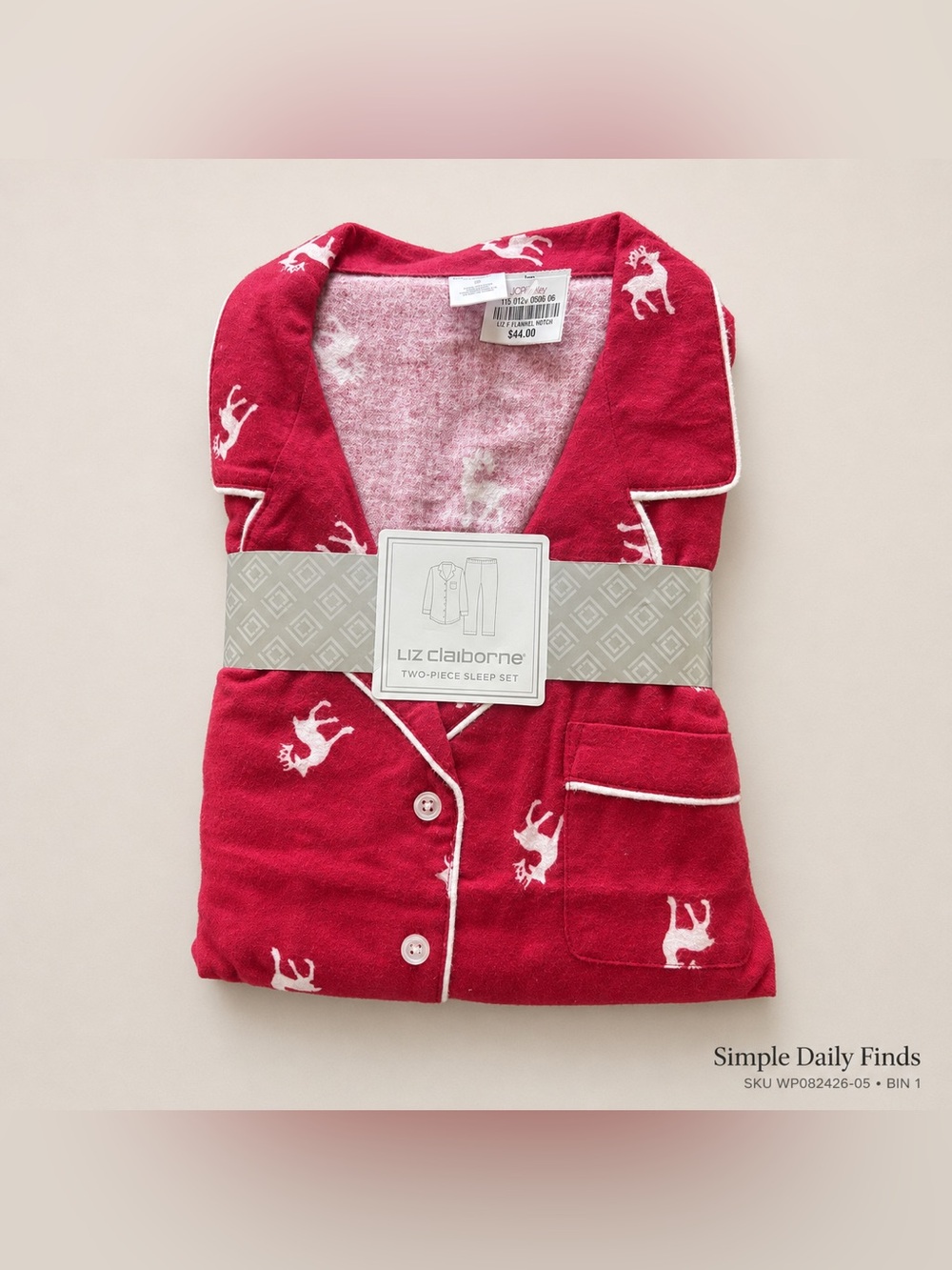 NWT Liz Claiborne Red Reindeer Cotton Flannel Pajama Set Women’s Small